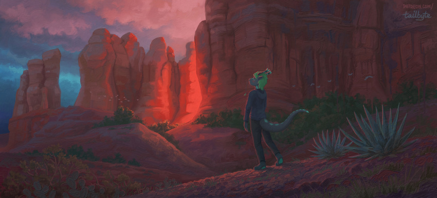 absurd_res anthro avian bird cactus clothed clothing cloud detailed detailed_background digital_media_(artwork) digital_painting_(artwork) dragon eastern_dragon fur hair hi_res landscape looking_away male markings nature outside plant scenery shaded signature sky solo standing sunset tail tailbyte tree