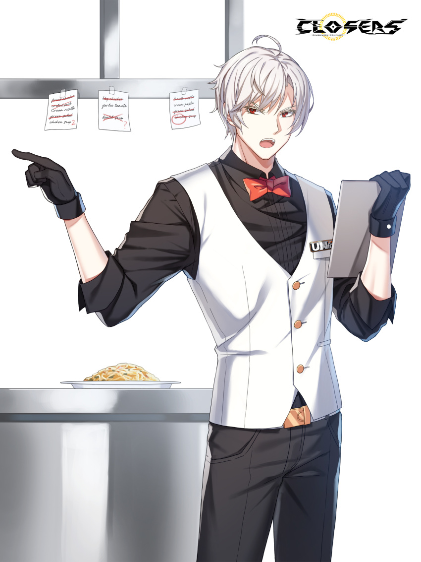 1boy :o ahoge alternate_hair_color badge belt black_gloves black_pants black_shirt bow bowtie clipboard closers collared_shirt copyright_name counter cowboy_shot food gloves hands_up highres holding holding_clipboard logo looking_to_the_side male_focus noodles note official_art open_mouth pants plate pointing pointing_to_the_side red_bow red_bowtie red_eyes shirt short_hair sleeves_past_elbows solo teeth traditional_bowtie truss upper_teeth_only v-shaped_eyebrows vest waistcoat waiter white_background white_belt white_hair white_vest wolfgang_schneider