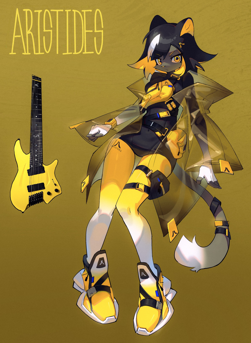 1girl absurdres animal_ears belt belt_pouch black_hair black_one-piece_swimsuit blonde_hair body_fur cat_ears cat_girl cat_tail colored_inner_hair commentary covered_navel expressionless fanny_pack full_body furry furry_female grey_fur guitar highres instrument jacket knees_together_feet_apart long_sleeves looking_at_viewer multicolored_hair multiple_belts one-piece_swimsuit open_clothes open_jacket original personification pouch see-through see-through_jacket shiiorina short_hair simple_background solo standing streaked_hair swimsuit swimsuit_under_clothes symbol-only_commentary tail tail_ornament tail_strap thigh_pouch thigh_strap v-shaped_eyebrows white_fur white_hair yellow_background yellow_eyes yellow_footwear yellow_theme