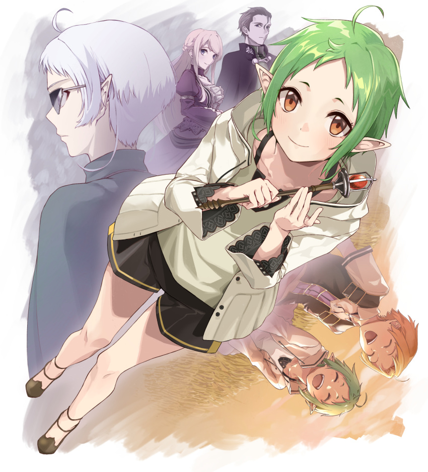 2boys 2girls ahoge ariel_anemoi_asura black_shorts brown_footwear cloak closed_eyes closed_mouth elf green_cloak green_hair highres holding holding_wand hood hooded_jacket jacket laughing light_brown_hair luke_notos_greyrat multiple_boys multiple_girls mushoku_tensei open_mouth orange_eyes pointy_ears rudeus_greyrat short_hair shorts smile sunglasses sylphiette_(mushoku_tensei) toki00002000 wand white_hair white_jacket