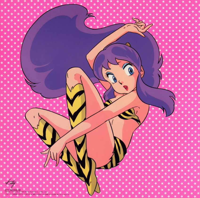 1980s_(style) 1girl animal_print arm_up bikini blue_eyes boots breasts eyeshadow floating_hair highres horns lipstick long_hair looking_at_viewer lum makeup medium_breasts non-web_source official_art oni pink_background purple_hair retro_artstyle sidelocks solo star_(symbol) starry_background strapless strapless_bikini swimsuit takada_akemi tiger_print urusei_yatsura