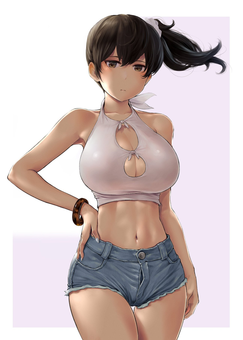 1girl alternate_costume bare_shoulders blue_shorts blush bra bracelet breasts brown_eyes brown_hair cleavage cleavage_cutout closed_mouth clothing_cutout collarbone cowboy_shot crop_top denim denim_shorts grey_background hair_between_eyes halterneck hand_on_own_hip highres jewelry kaga_(kancolle) kantai_collection large_breasts legs_together long_hair looking_at_viewer midriff navel open_fly revision shirt short_shorts shorts side_ponytail simple_background sleeveless solo standing thigh_gap thighs underwear wa_(genryusui) white_bra white_shirt