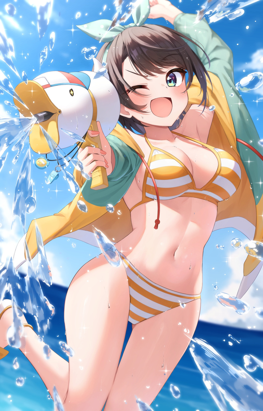 1girl bikini bird black_hair blue_eyes blue_jacket blue_sky breasts cleavage cloud day drawstring duck highres hololive horizon jacket medium_breasts morros oozora_subaru open_clothes open_jacket outdoors short_hair sky smile solo splashing striped striped_bikini swept_bangs swimsuit virtual_youtuber water water_gun yellow_bikini