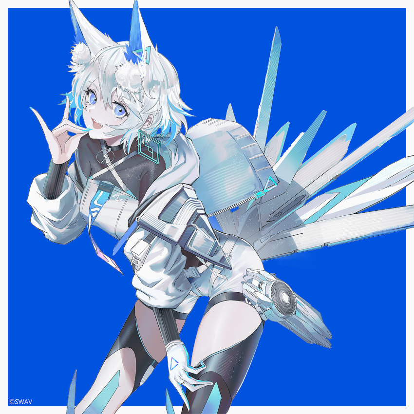 1girl artist_name black_thighhighs blue_background blue_eyes blue_nails border breasts cevio coko_(cevio) gloves highres leaning_forward looking_at_viewer mecha_musume single_glove smile solo swav thighhighs white_border white_gloves white_hair