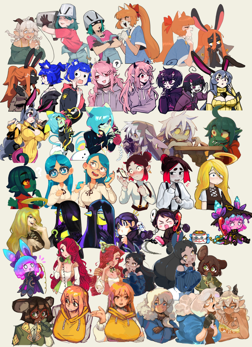 6+girls ? absurdres ahoge animal_ears aqua_eyes aqua_hair aqua_skin bakuatsukiyu black_dress black_eyes black_gloves black_hair black_horns black_jacket black_ribbon black_skin blonde_hair blue_coat blue_hair blue_shirt blue_sweater blunt_bangs blush bongfill borrowed_character braid breasts broke-chan_(bakuatsukiyu) brown_gloves brown_hair bucket bucket_on_head bumblesteak camisole cape character_request christy_frisby cleavage closed_eyes coat collaboration collared_shirt colored_sclera colored_skin covered_navel cowboy_shot cropped_torso dark-skinned_female dark_skin deadslug detached_sleeves drawstring dress eleanor_(justadrian) faure_(wafferscotch) firebay flower forest_box furry furry_female gaziter glasses gloves goat_ears goat_girl green_gloves green_hair green_skin green_sweater grey_coat grey_eyes grey_hair grey_hoodie grey_overalls gris_(vertigris) hair_between_eyes hair_bun hair_ornament hair_over_one_eye hairclip hand_up highres hood hood_down hood_up hoodie horns index_finger_raised jacket june_(megrocks) justadrian_(yoadriandk) kitt_betelgeuse large_breasts long_hair long_sleeves luny maple_(tealst) medium_breasts medium_hair megrocks minimilieu mona_(deadslug) mouse_ears multicolored_hair multiple_braids multiple_girls mynotar neck_ribbon niking no_nose object_on_head off-shoulder_sweater off_shoulder olive_(bumblesteak) open_mouth orange_hair original overalls parted_lips phone pink_eyes pink_hair pink_shirt pink_skin pointy_ears ponytail print_shirt profile purple_eyes purple_hoodie purple_horns rabbit_ears red-framed_eyewear red_cape red_eyes red_flower red_hair red_rose ribbon rose round_eyewear shirt short_hair short_sleeves simple_background skull_hair_ornament sleeves_past_wrists smile soap.h sofia_(gaziter) speech_bubble spoken_question_mark squeaky_(artist) string_phone sui_(suizilla) suspenders sweater table tank_(bongfill) tealst tomonaku twintails two-tone_hair umbra_(firebay) upper_body velo_(kitt_betelgeuse) vertigris wafferscotch whispering white_background white_camisole white_hair white_shirt wren_(minimilleu) yellow_eyes yellow_sclera