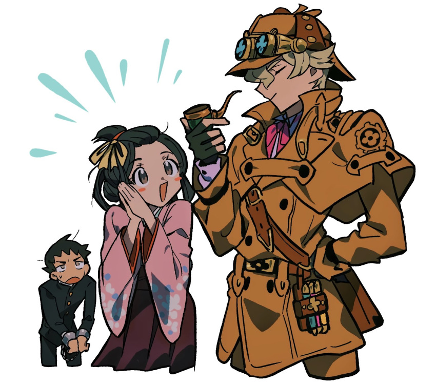 1girl 2boys :d ace_attorney bangs_pinned_back belt black_hair black_jacket black_pants blonde_hair blush brown_belt brown_eyes buttons capelet closed_eyes coat commentary cropped_legs cuffs deerstalker detective eyewear_on_headwear fingerless_gloves flask floral_print gloves goggles grgrton hair_ribbon hair_rings hakama hakama_skirt hand_on_own_hip handcuffs hat herlock_sholmes highres jacket japanese_clothes kimono long_sleeves looking_at_another multiple_boys neck_ribbon open_mouth own_hands_clasped own_hands_together pants pink_kimono pink_ribbon purple_skirt restrained ribbon ryunosuke_naruhodo short_hair simple_background skirt smile standing susato_mikotoba symbol-only_commentary the_great_ace_attorney updo white_background wide_sleeves yellow_coat yellow_headwear yellow_ribbon