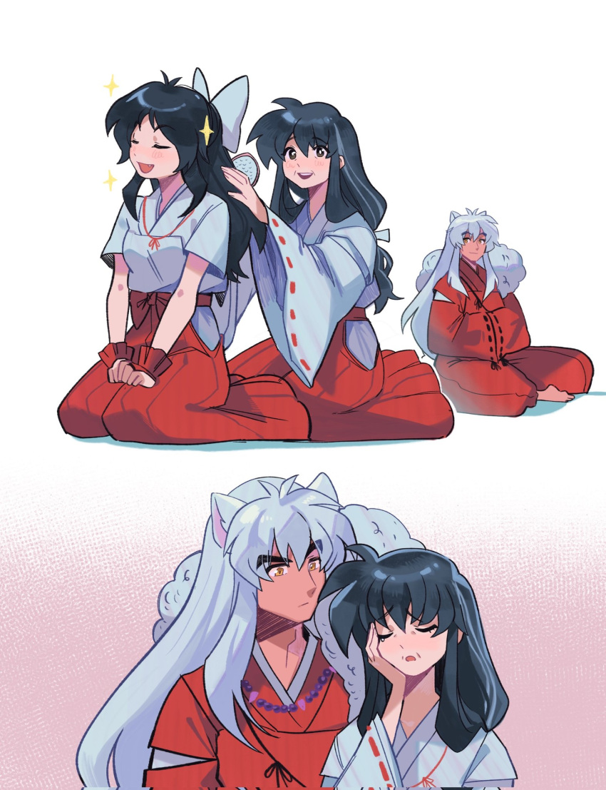 1boy 2girls aged_up animal_ears ao_clover black_hair bow dog_ears family grey_hair hair_bow hakama hakama_pants han'you_no_yashahime hand_on_own_face highres higurashi_kagome husband_and_wife inuyasha inuyasha_(character) japanese_clothes looking_at_another moroha mother_and_daughter multicolored_hair multiple_girls pants seiza sitting sparkle streaked_hair wide_sleeves