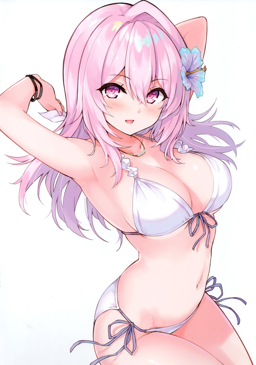 1girl absurdres armpits arms_behind_head arms_up bikini bracelet breasts cleavage cu-no flower hair_flower hair_ornament hibiscus highres hisen_kaede jewelry long_hair looking_at_viewer medium_breasts navel necklace open_mouth pink_hair purple_eyes scan side-tie_bikini_bottom simple_background smile solo stomach swimsuit white_bikini yayoi_sakura