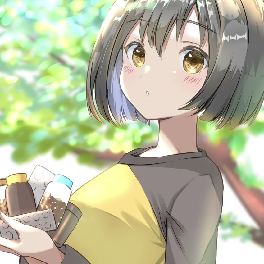 1girl black_hair black_shirt blister_pack blurry blurry_background blush bob_cut bottle chestnut_mouth close-up commentary day depth_of_field from_side hair_between_eyes highres holding holding_bottle holding_pill long_sleeves looking_at_viewer looking_to_the_side medicine nakahara_misaki nhk_ni_youkoso! outdoors parted_lips pill pill_bottle portrait raglan_sleeves shirt short_hair solo tree two-tone_shirt upper_body yellow_eyes yellow_shirt yuzuyu000001