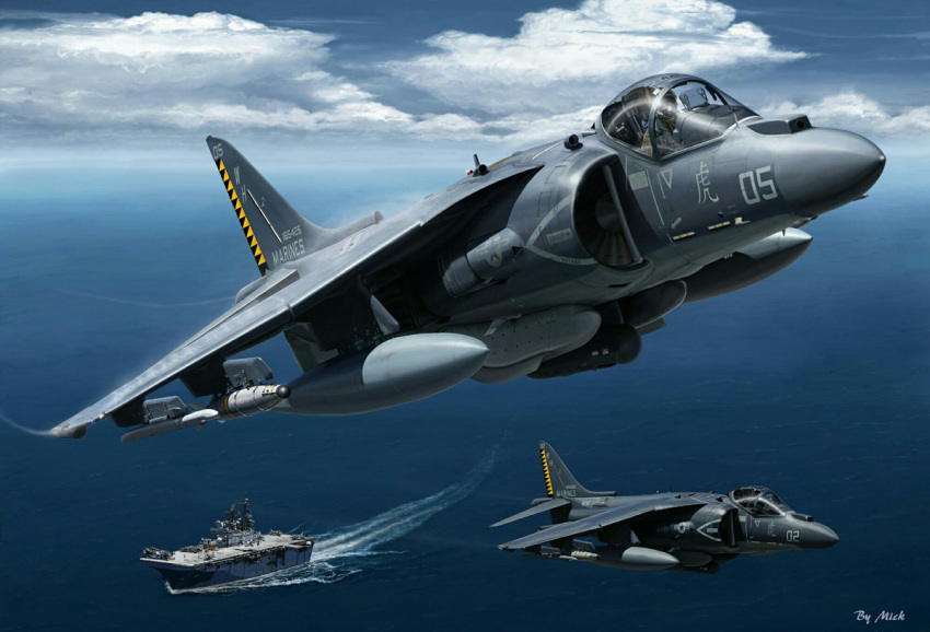 2others aircraft aircraft_carrier airplane ambiguous_gender artist_name blue_sky canopy_(aircraft) cloud cloudy_sky commentary_request day english_commentary fighter_jet flying hawker_harrier horizon jet mick_(m.ishizuka) military_vehicle missile mixed-language_commentary multiple_others ocean original outdoors pilot realistic roundel ship sky united_states_marine_corps vehicle_focus warship water watercraft