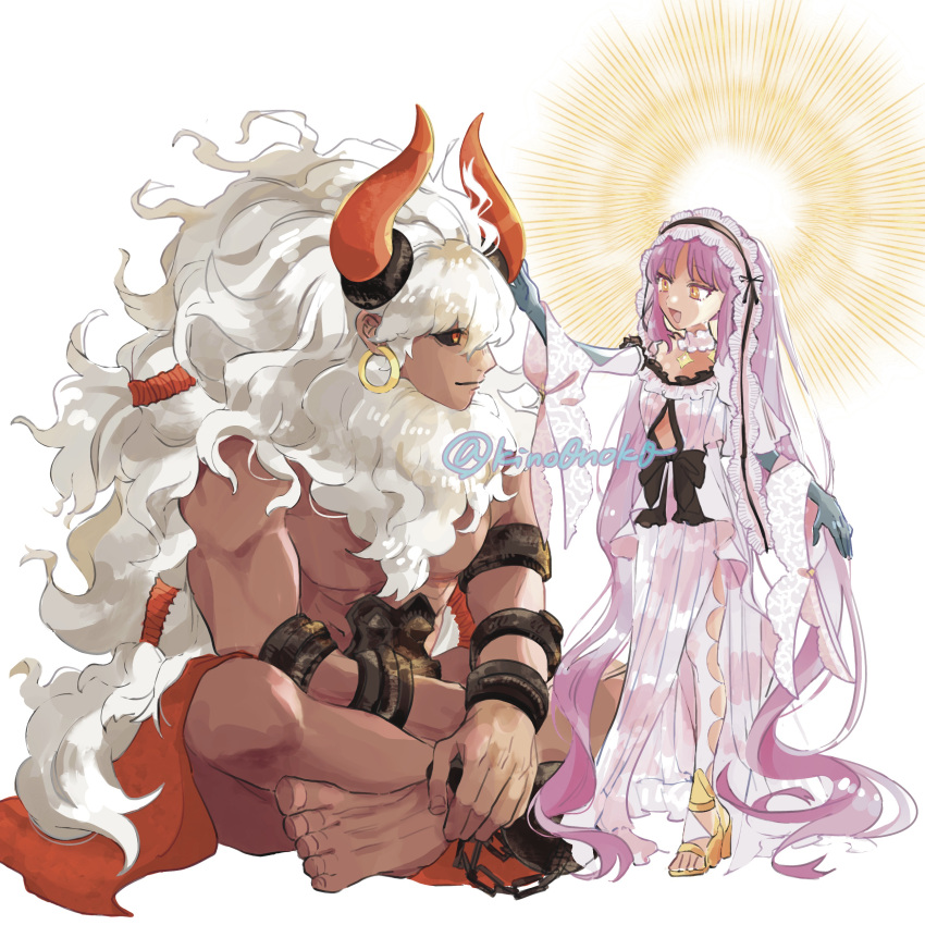 1boy 1girl absurdres asterios_(fate) ball_and_chain_restraint dress earrings euryale_(fate) fate/grand_order fate_(series) frilled_hairband frills hairband halo highres hoop_earrings horns jewelry kino0nok0 long_hair purple_hair sitting smile twintails twitter_username very_long_hair white_dress white_hair