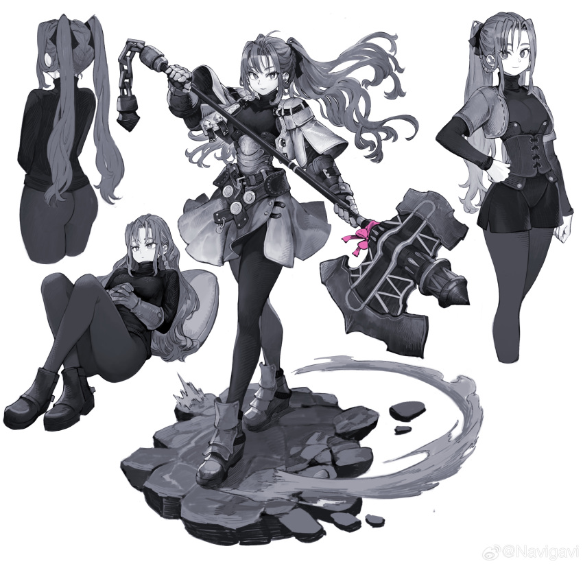 1girl absurdres ass axe buckle corset faux_figurine from_behind gauntlets gloves greyscale hair_ribbon hand_on_own_hip highres holding holding_axe jun_(navigavi) long_hair lying monochrome on_back original pantyhose ribbon skirt smile solo spot_color twintails weibo_logo weibo_username