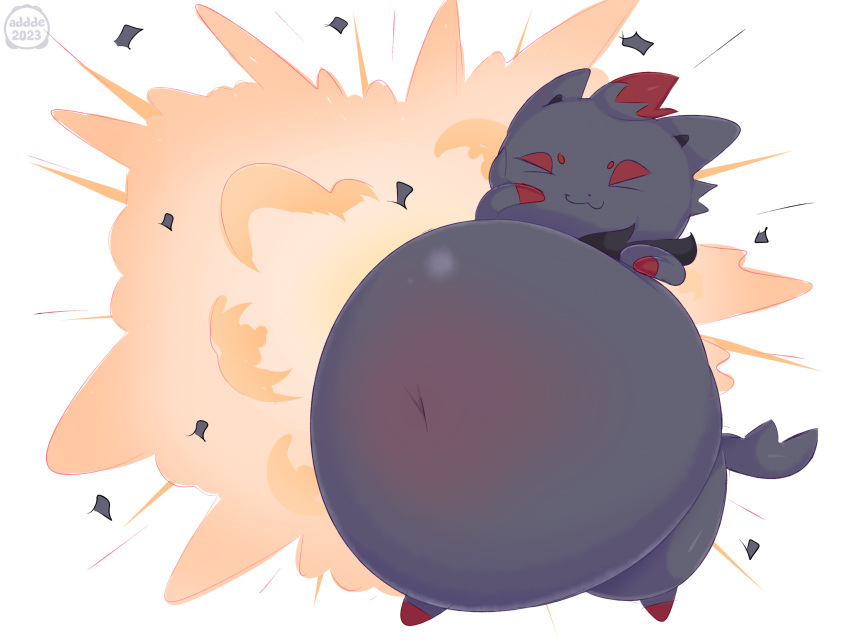 addde belly big_belly bursting generation_5_pokemon hi_res inflation navel nintendo onomatopoeia pokemon pokemon_(species) sound_effects text zorua