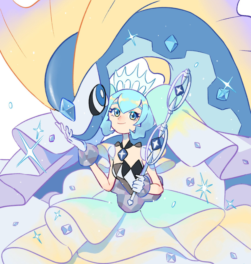 1girl aurorus blue_hair diamond_(shape) diamond_choker dress frilled_dress frills gloves hatsune_miku highres holding holding_wand long_hair off-shoulder_dress off_shoulder pokemon pokemon_(creature) project_voltage rock_miku_(project_voltage) sparkle tiara twintails veil vocaloid wand white_gloves yamifuti