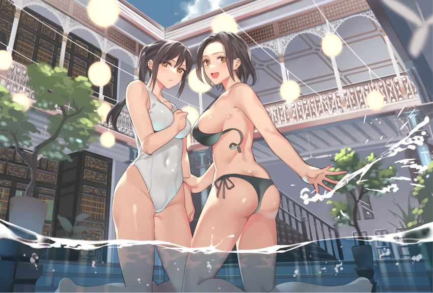 2girls :d ass bikini black_bikini breasts brown_hair butt_crack closed_mouth cloud commentary_request competition_swimsuit covered_navel day feet_out_of_frame from_below from_side hair_between_eyes hand_on_another's_arm hand_on_own_chest hand_up highres kitazawa_(embers) kneeling large_breasts looking_at_viewer looking_to_the_side medium_breasts multiple_girls one-piece_swimsuit open_mouth original outdoors ponytail pool revision shiny_skin short_hair side-tie_bikini_bottom sky smile splashing stairs swimsuit teeth tree untied untied_bikini upper_teeth_only water white_one-piece_swimsuit yellow_eyes