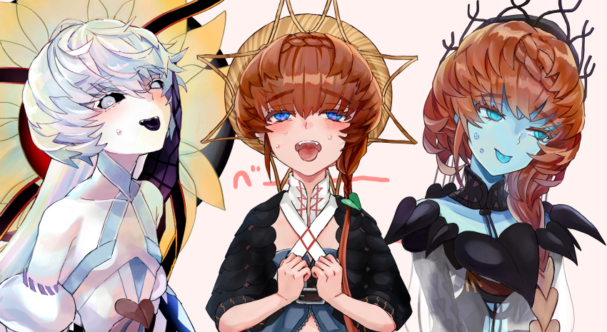 absurdres bare_shoulders black_sclera black_tongue blue_eyes blue_skin blue_tongue braid brown_hair collarbone colored_sclera colored_skin colored_tongue dress dual_persona fangs fate/grand_order fate_(series) flower highres looking_at_viewer open_mouth overalls puffy_sleeves shimogamo_(shimomo_12) side_braid simple_background sunflower sweat tongue tongue_out upper_body van_gogh_(fate) van_gogh_(second_ascension)_(fate) van_gogh_(third_ascension)_(fate) white_background white_dress white_eyes white_hair