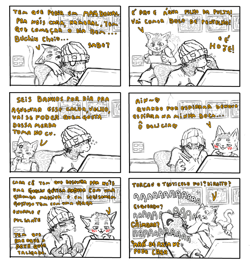 aaaaaaaaaaa absurd_res anthro beanie blush clothed clothing comic domestic_cat drawing_tablet duo felid feline felis game_console hat headgear headwear hi_res lazy_device_(mrming) male mammal mrming open_mouth portuguese_text simple_background sitting sneeze text translated unknown_species