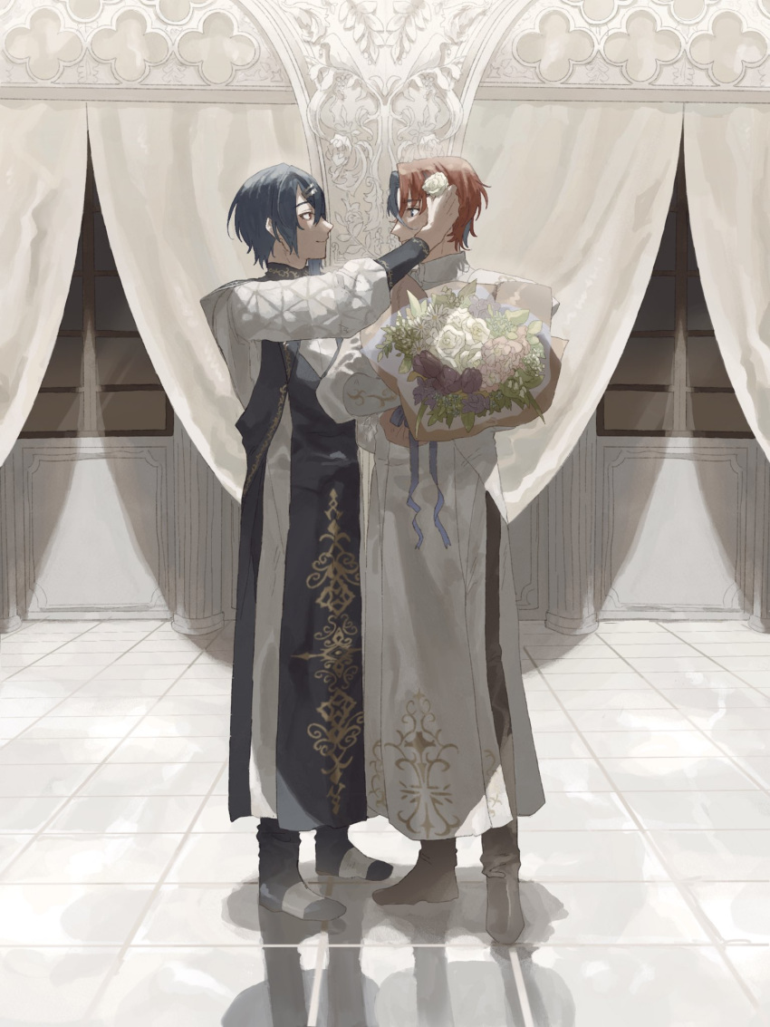 2boys alcryst_(fire_emblem) alear_(fire_emblem) alear_(male)_(fire_emblem) alternate_costume black_footwear black_pants blue_hair blue_robe bouquet closed_mouth curtains eye_contact fire_emblem fire_emblem_engage flower from_side full_body hair_between_eyes hair_flower hair_ornament hairclip highres holding holding_bouquet holding_flower indoors long_sleeves looking_at_another male_focus multicolored_hair multiple_boys pants pink_flower profile purple_flower putting_on_headwear ramuniku_ooo red_eyes red_hair robe rose shadow shoes short_hair smile standing tile_floor tiles two-tone_hair white_flower white_robe white_rose window yaoi