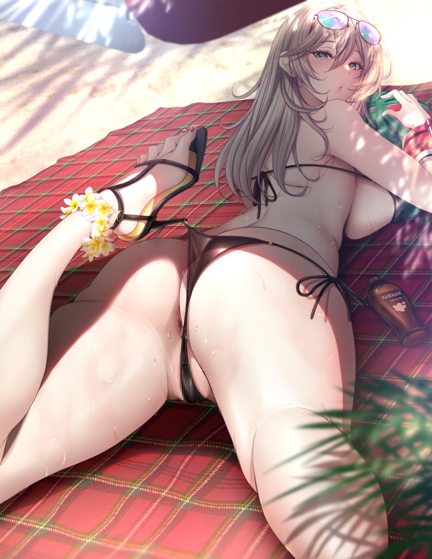 1girl alisa_ilinichina_amiella alternate_costume ankle_flower anus armpit_crease ass back ball beach beach_towel beachball bikini black_bikini black_footwear blonde_hair blue_eyes blurry blurry_foreground blush breasts censored commentary dappled_sunlight day eyewear_on_head foot_out_of_frame from_behind god_eater hair_between_eyes hatori_mia heart heart-shaped_pupils high_heels highres holding holding_ball holding_beachball large_breasts lips long_hair looking_at_viewer looking_back lotion_bottle lying micro_bikini mosaic_censoring nail_polish on_stomach outdoors paid_reward_available pink_nails plaid plaid_towel puckered_lips pussy pussy_peek sandals shade side-tie_bikini_bottom sideboob solo string_bikini sunglasses sunlight sweat swimsuit symbol-shaped_pupils thighs toenail_polish toenails toes towel watermelon_beachball