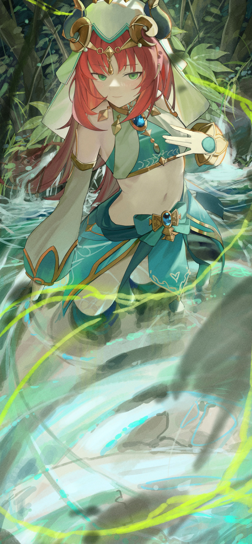 1girl absurdres blue_gemstone blue_skirt bracer breasts brooch circlet fake_horns film_grain forest gem genshin_impact gold_trim green_eyes hand_on_own_chest harem_outfit highres horns jewelry long_hair long_sleeves looking_at_viewer nature navel neck_ring nilou_(genshin_impact) parted_lips puffy_long_sleeves puffy_sleeves red_hair sidelocks skirt small_breasts solo stomach thighlet wading white_headdress white_veil yunkkker