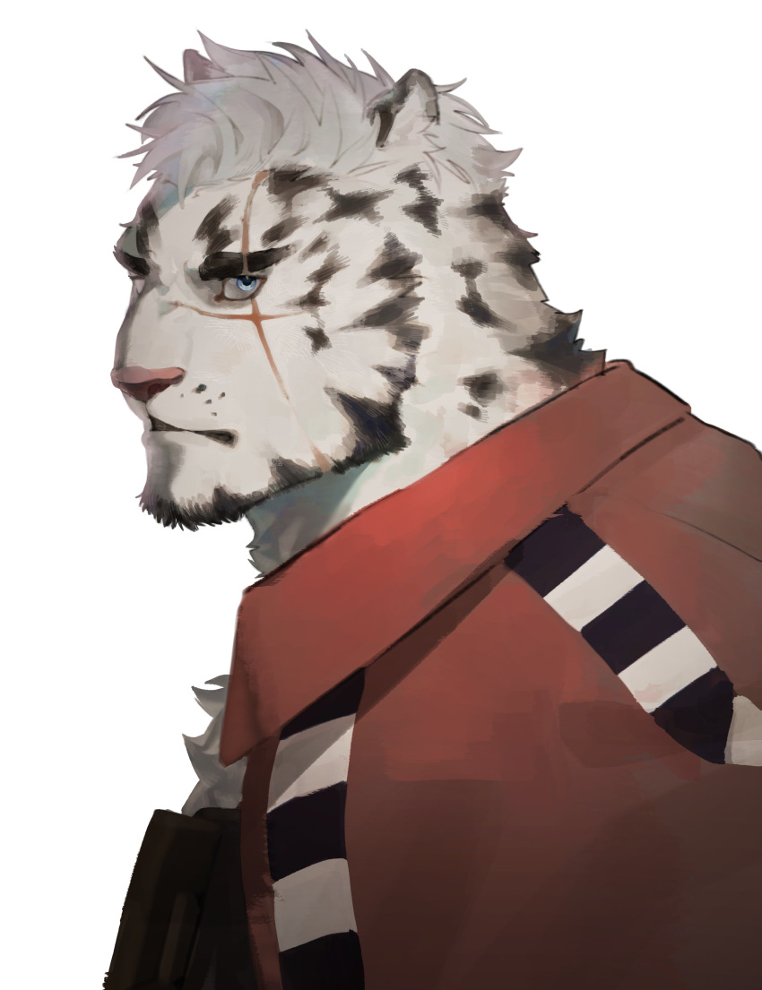 1boy absurdres animal_ears arknights bara beard blue_eyes eyebrow_cut facial_hair frown furry furry_male highres looking_at_viewer male_focus mature_male mountain_(arknights) official_alternate_costume prisoner pu94_d1de4c short_hair solo tiger_boy tiger_ears upper_body white_fur