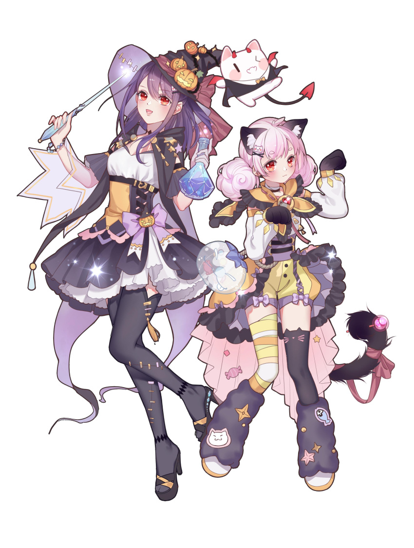 2girls :3 :d absurdres alan._(bcy105339667574) animal_ear_legwear animal_ears asymmetrical_legwear bcy black_cloak black_footwear black_gloves black_headwear black_skirt black_thighhighs blush boots bottle bow bow_skirt bracelet cape cat_ear_legwear cat_ears cat_hair_ornament cat_tail claw_pose cloak corset demon_horns demon_tail frilled_cape fur_boots glass_bottle gloves hair_ornament halloween_costume hands_up hat high_heels highres holding holding_bottle holding_wand horns huhu jack-o'-lantern_ornament jewelry layered_skirt looking_at_viewer low_twintails medium_hair miao_jiujiu mismatched_legwear multiple_girls overskirt pink_hair puffy_shorts purple_bow purple_corset purple_hair red_bow red_eyes ruan_miemie shirt short_sleeves shorts skirt smile standing standing_on_one_leg tail tail_bow tail_ornament thighhighs twintails wand white_background white_shirt witch_hat yellow_cape yellow_corset yellow_shorts yellow_thighhighs