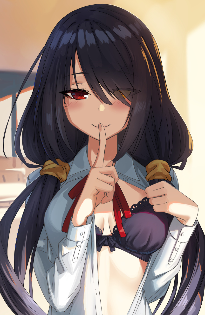 1girl absurdres black_bra black_hair bra breasts closed_mouth commentary date_a_live finger_to_mouth hair_over_one_eye heterochromia highres indoors long_hair looking_at_viewer low_twintails medium_breasts naughty_face nstch_root_a red_eyes seductive_smile shirt smile solo tokisaki_kurumi twintails underwear undressing very_long_hair white_shirt yellow_eyes