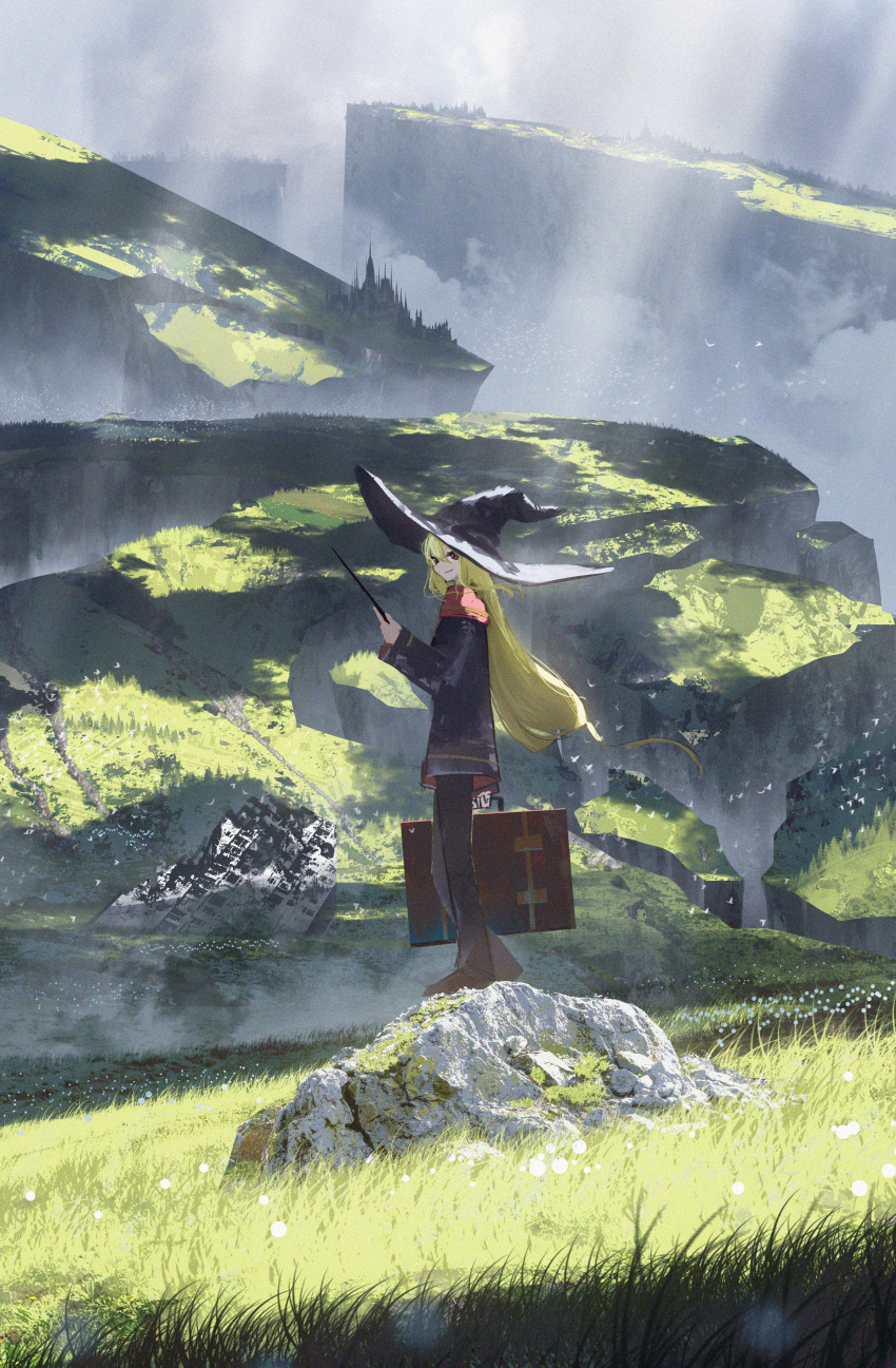 1girl absurdres asteroid_ill black_headwear black_pants blonde_hair blue_jacket cliff cloud cloudy_sky floating_hair flower fog from_side grass hair_between_eyes hat highres holding holding_suitcase holding_wand iris_(asteroid_ill) jacket light_rays long_hair long_sleeves looking_at_viewer mountain original outdoors pants red_eyes red_scarf scarf scenery shadow sidelocks simple_bird sky solo suitcase very_long_hair wand white_flower wind witch_hat