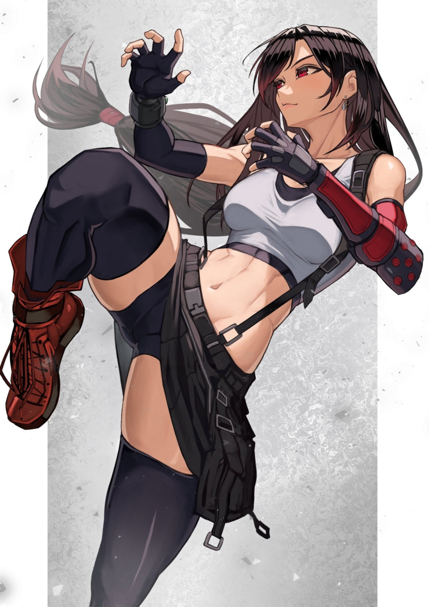 1girl abs black_gloves black_shorts black_skirt black_thighhighs breasts brown_hair crop_top elbow_gloves fighting_stance final_fantasy final_fantasy_vii final_fantasy_vii_remake fingerless_gloves gloves highres long_hair looking_to_the_side low-tied_long_hair midriff navel red_eyes red_footwear shoes shorts shorts_under_skirt skirt solo standing standing_on_one_leg suspender_skirt suspenders tank_top temoc thighhighs tifa_lockhart white_tank_top