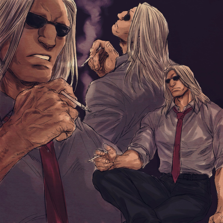 1boy big_nose collared_shirt feet_out_of_frame highres hunter_x_hunter long_hair looking_up male_focus morel_mackernasey multiple_views muscular muscular_male necktie nkwtsrsk_hh no_eyebrows parted_lips red_necktie shirt sitting sleeves_rolled_up smoke smoking sunglasses veins veiny_hands wrinkled_skin