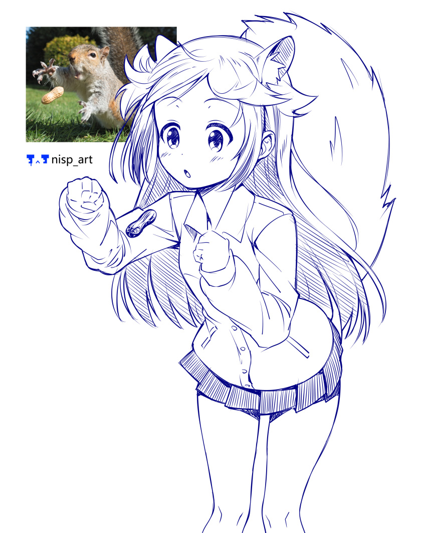 1girl absurdres animal_ear_fluff animal_ears artist_logo artist_name bare_legs blush buttons collared_shirt commentary_request extra_ears feet_out_of_frame highres large_tail long_hair long_sleeves looking_down miniskirt nisp_art original parted_bangs parted_lips peanut pen_(medium) pleated_skirt reference_inset shirt sidelocks simple_background skirt solo squirrel squirrel_ears squirrel_girl squirrel_tail tail white_background