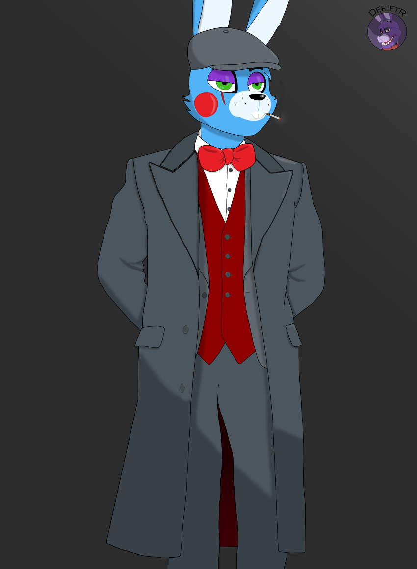 absurd_res animatronic anthro blue_body bow_tie cigarette clothing deriftr five_nights_at_freddy's five_nights_at_freddy's_2 flat_cap grey_clothing grey_suit hat headgear headwear hi_res humanoid lagomorph leporid machine male mammal rabbit riftr_(deriftr) robot scar scottgames smoking solo standing suit topwear vest