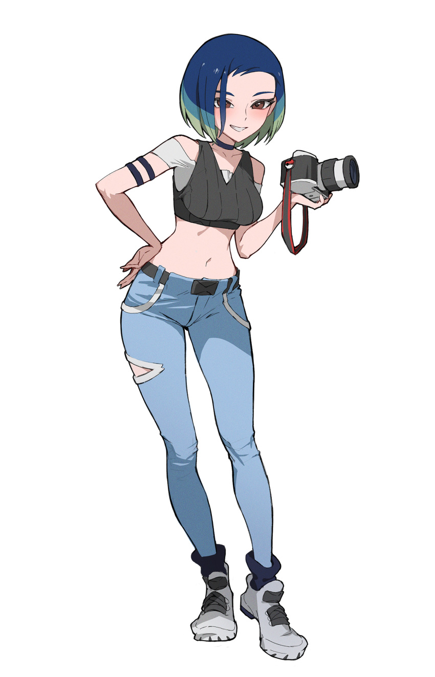 1girl armband belt black_belt black_choker blue_hair brown_eyes camera choker commentary denim grey_footwear grin hand_on_own_hip highres holding holding_camera jason_kim jeans leaning navel off-shoulder_shirt off_shoulder pants perrin_(pokemon) pokemon pokemon_(game) pokemon_sv ribbed_vest shirt shoes short_hair smile solo standing teeth vest