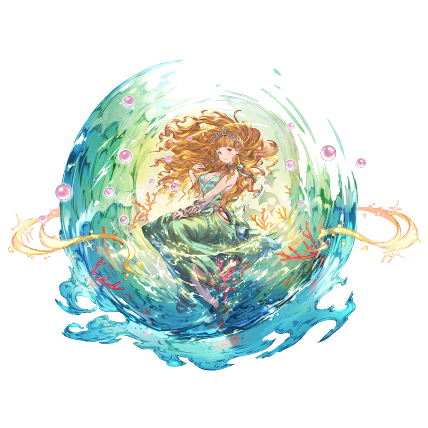 1girl aphrodite_(granblue_fantasy) barefoot blonde_hair breasts brown_hair choker cleavage coral dolphin dress full_body granblue_fantasy green_dress long_hair minaba_hideo official_art ribbon_choker smile third-party_source tiara transparent_background water