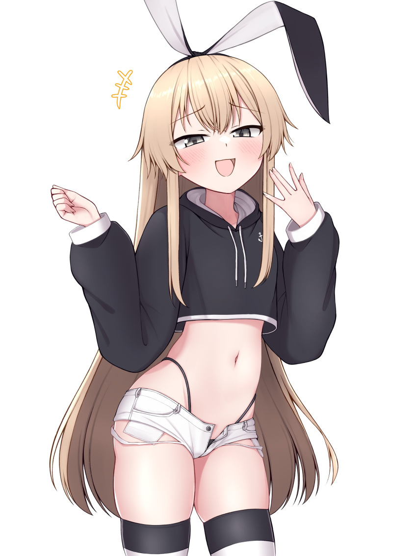 +++ 1girl :d absurdres black_hoodie black_ribbon blonde_hair blush crop_top fingernails grey_eyes groin hair_ribbon highleg highleg_panties highres hood hoodie kantai_collection long_hair midriff navel panties ribbon shimakaze_(kancolle) short_shorts shorts sidelocks simple_background smile smug solo striped striped_thighhighs thighhighs tiemu_(man190) underwear white_background white_shorts