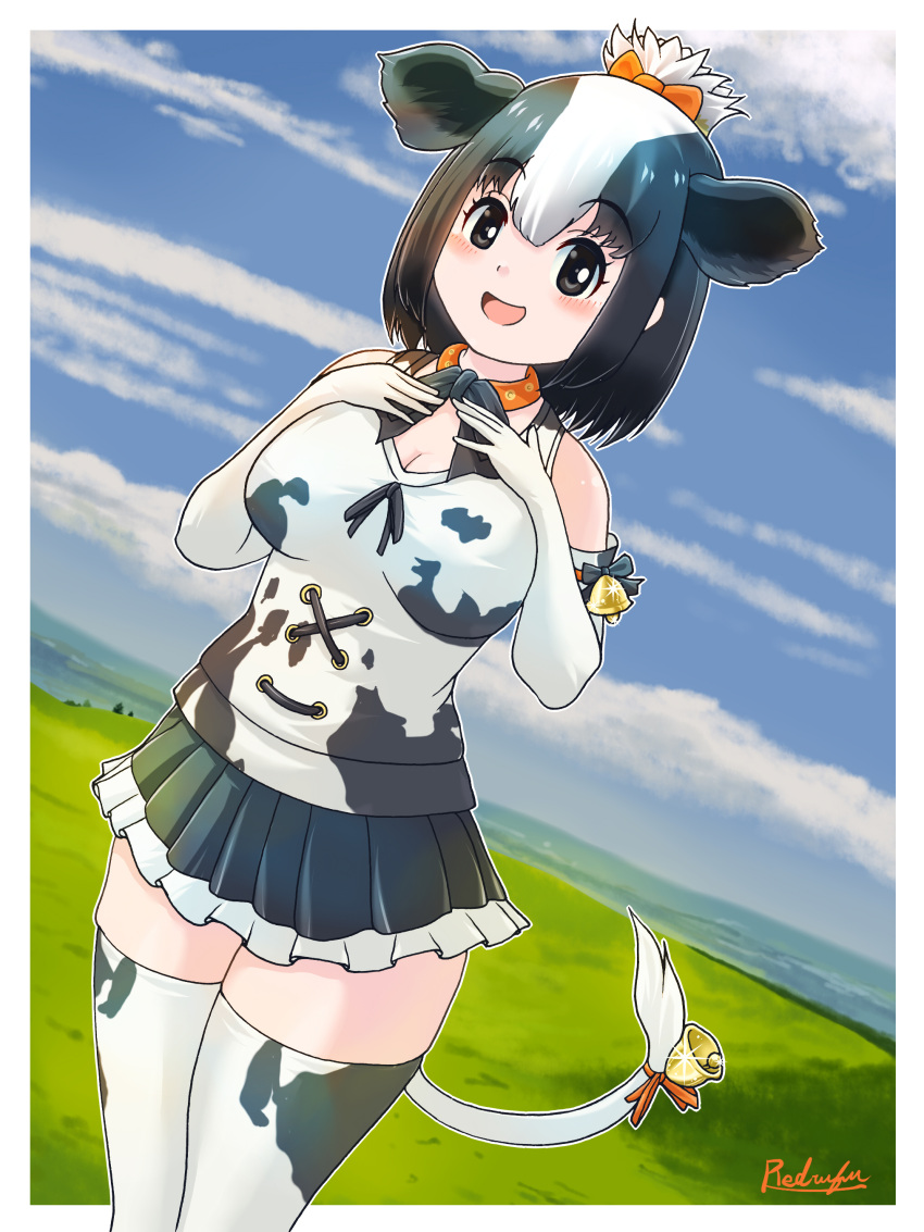 1girl absurdres animal_ears animal_print bare_shoulders bell black_bow black_bowtie black_hair black_skirt blush bow bowtie collar commentary_request cow_ears cow_girl cow_print cow_tail elbow_gloves extra_ears frilled_skirt frills gloves hair_bow highres holstein_friesian_cattle_(kemono_friends) kemono_friends looking_at_viewer multicolored_hair orange_bow orange_collar pleated_skirt print_gloves print_shirt print_thighhighs redrufu2000 shirt short_hair skirt sleeveless smile solo tail tail_bell tail_ornament thighhighs two-tone_hair white_hair zettai_ryouiki