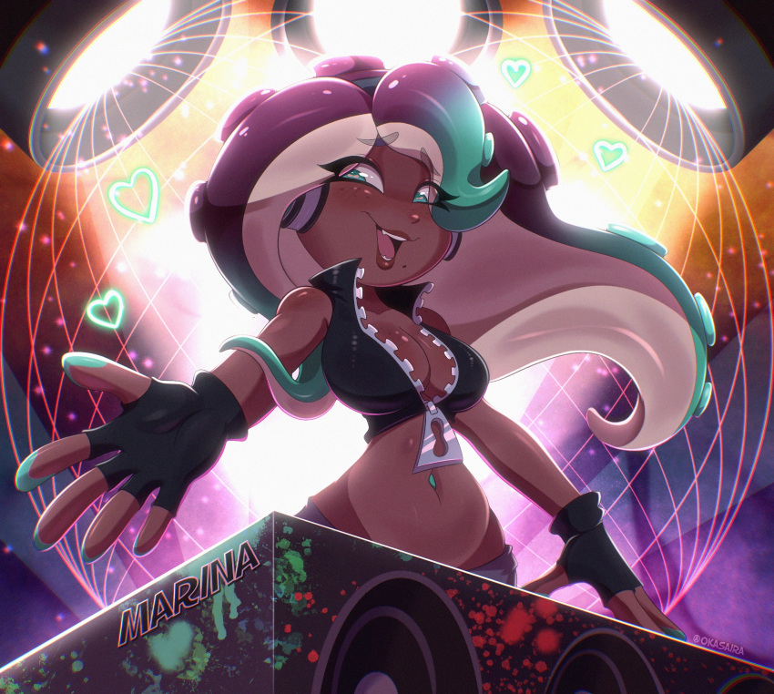 &lt;3 absurd_res animal_humanoid beauty_mark breasts cephalopod cephalopod_humanoid cleavage clothed clothing dark_body dark_skin english_text female fingerless_gloves gloves handwear hi_res humanoid marina_(splatoon) marine marine_humanoid mollusk mollusk_humanoid navel nintendo octarian octoling okasaira open_mouth open_smile pseudo_hair smile solo splatoon tentacle_hair tentacles text