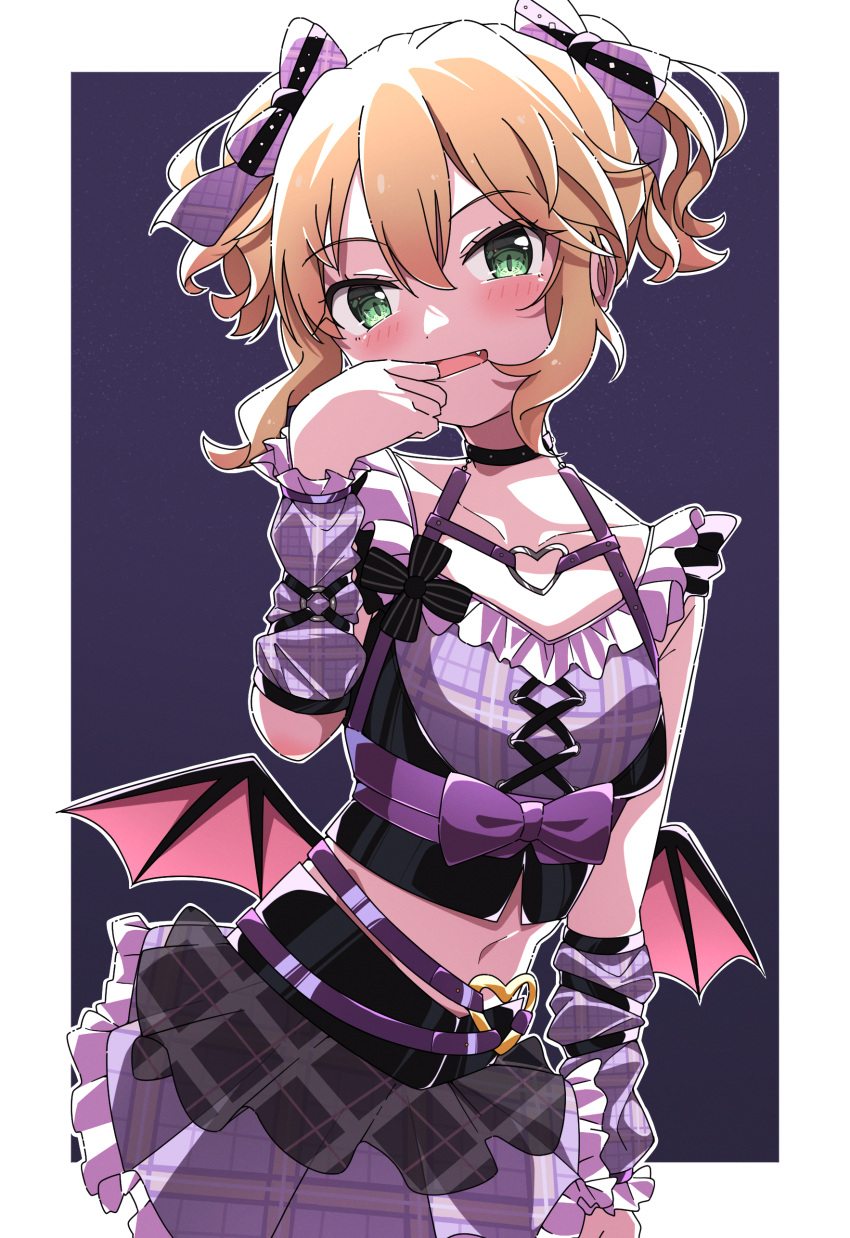1girl absurdres black_choker blonde_hair blush border bow checkered_clothes cheek_pinching choker collarbone commentary cross-laced_clothes cross-laced_top demon_wings detached_sleeves fang flat_chest frilled_shirt frills green_eyes hair_between_eyes hair_bow halloween hand_up highres idolmaster idolmaster_cinderella_girls idolmaster_cinderella_girls_starlight_stage layered_skirt looking_at_viewer low_wings medium_hair midriff navel official_alternate_costume open_mouth pinching purple_background purple_bow purple_shirt purple_skirt purple_sleeves sakurai_momoka shirt sidelocks skirt smile solo twintails wavy_hair white_border wings yairo_ju