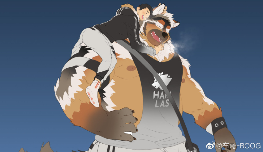 2boys animal_ear_fluff animal_ears artin_(boogbogex) bara belly black_fur boogbogex breath brown_eyes brown_fur chest_hair clothes_writing couple dog_boy dog_ears furry furry_male furry_with_non-furry giant giant_male haki_(boogbogex) highres interspecies large_pectorals looking_at_viewer male_focus multiple_boys muscular muscular_male nipples orange_fur original pants pectorals shirt short_hair sidepec size_difference sleeveless sleeveless_shirt thick_eyebrows track_pants whiskers white_fur yaoi