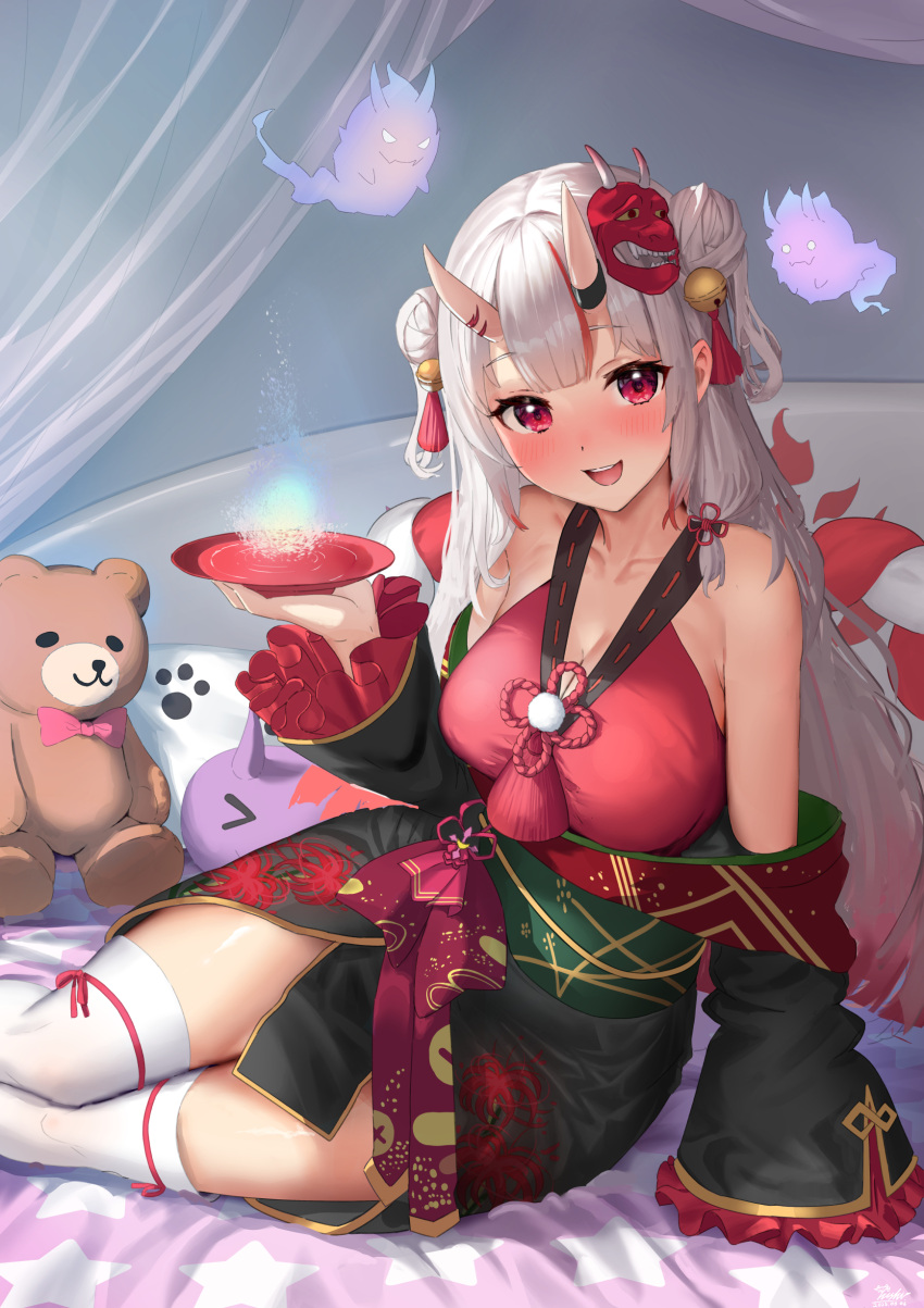 absurdres bed bell book bowl breasts cleavage curtains double_bun hair_bell hair_bun hair_ornament highres holding holding_book hololive horns large_breasts looking_at_viewer lying mask mask_on_head nakiri_ayame nanaushi on_side oni_horns oni_mask paw_print pillow red_eyes rope shimenawa skin-covered_horns smile star_(symbol) star_print stuffed_animal stuffed_toy teddy_bear thighhighs virtual_youtuber white_hair