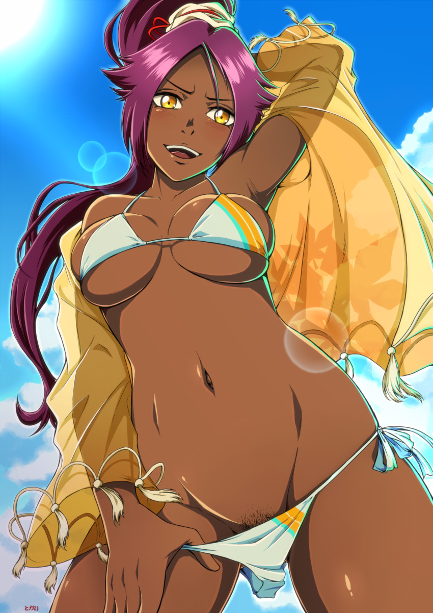 1girl absurdres bikini bikini_bottom_pull bleach blue_sky breasts dark-skinned_female dark_skin female_pubic_hair high_ponytail highres jacket long_hair looking_at_viewer medium_breasts navel open_mouth pubic_hair pubic_hair_peek purple_hair see-through see-through_jacket shihouin_yoruichi sky smile solo swimsuit tokai yellow_eyes yellow_jacket