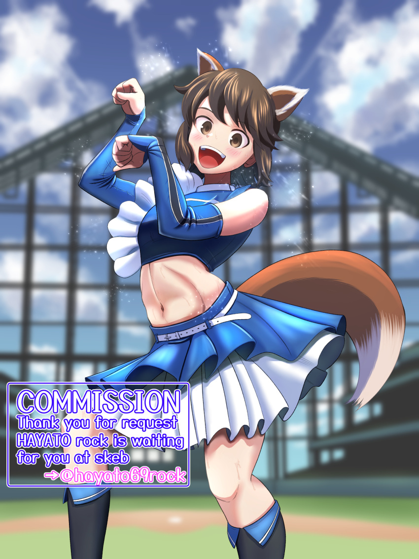 1girl alternate_costume animal_ears belt blue_skirt brown_eyes brown_hair cowboy_shot crop_top detached_sleeves fake_animal_ears fake_tail fox_ears fox_tail hayato_rock highres kantai_collection kitsune_dance miyuki_(kancolle) short_hair skirt tail