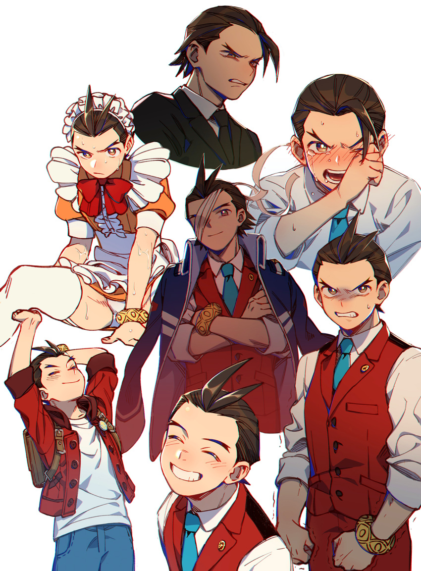 1boy ace_attorney angry antenna_hair apollo_justice apollo_justice_(stylin'_street_clothes) apron aqua_necktie arms_up backpack badge bag bandage_on_face bandages between_legs black_jacket black_necktie blue_jacket blue_pants blush bow bowtie bracelet breast_pocket brown_hair button_badge buttons center_frills clenched_teeth closed_eyes closed_mouth collared_dress collared_jacket collared_shirt cowboy_shot cropped_shoulders cropped_torso crossdressing crying crying_with_eyes_open dress embarrassed frilled_apron frills garter_straps grin hand_between_legs happy hi-fi_(fijazzy) high_collar highres jacket jacket_on_shoulders jewelry lapel_pin lapels maid maid_apron maid_headdress male_focus male_maid multiple_views necktie one_eye_closed one_eye_covered open_clothes open_jacket open_mouth orange_dress panties pants pantyshot pocket puffy_short_sleeves puffy_sleeves red_bow red_bowtie red_jacket red_vest shirt short_dress short_sleeves sleeves_rolled_up smile smug spread_legs stretching suit sweat tears teeth thighhighs trembling tres_bien_maid_uniform underwear upper_body v-shaped_eyebrows vest white_apron white_background white_panties white_shirt white_thighhighs