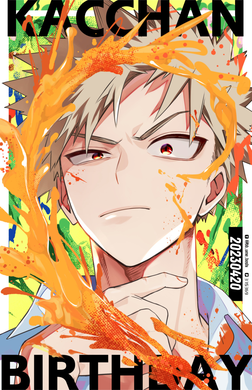 1boy alternate_hair_color bakugou_katsuki birthday blue_shirt boku_no_hero_academia closed_mouth collared_shirt commentary_request foreground_text grey_hair halftone hand_up highres looking_at_viewer male_focus open_collar paint_splatter paint_splatter_on_face paint_stains pillarboxed pixiv_id pixiv_logo portrait raised_eyebrow red_eyes shirt short_hair solo spiked_hair splashing stained_clothes straight-on swept_bangs text_focus timestamp twitter_logo twitter_username ume_(326310) uneven_eyes v-shaped_eyebrows wing_collar yellow_background