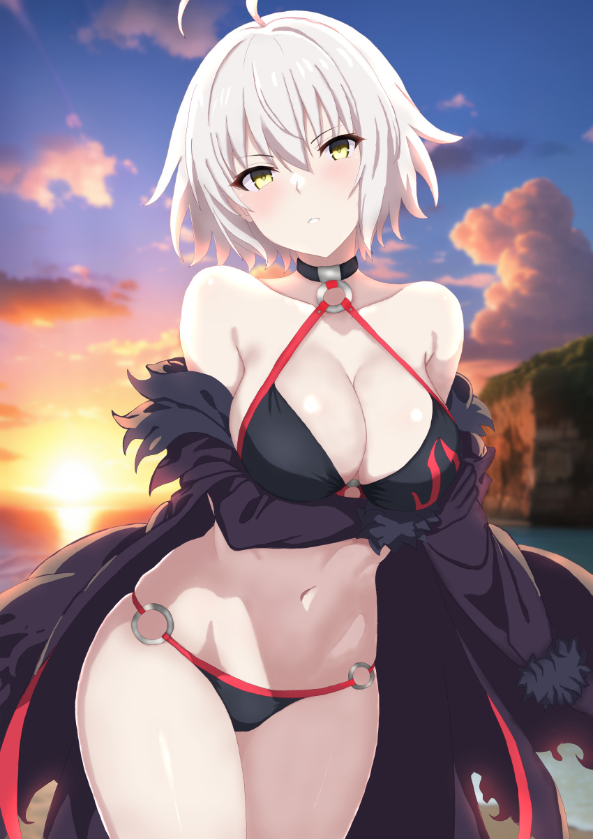 1girl absurdres ahoge alternate_hairstyle beach bikini black_bikini black_jacket blush breasts cleavage cloud commentary_request curio_(curiofinity) fate/grand_order fate_(series) hair_between_eyes highres jacket jeanne_d'arc_alter_(fate) jeanne_d'arc_alter_(swimsuit_berserker)_(fate) large_breasts looking_at_viewer navel o-ring o-ring_bikini off_shoulder outdoors short_hair sky solo stomach sunset swimsuit thighs water white_hair yellow_eyes