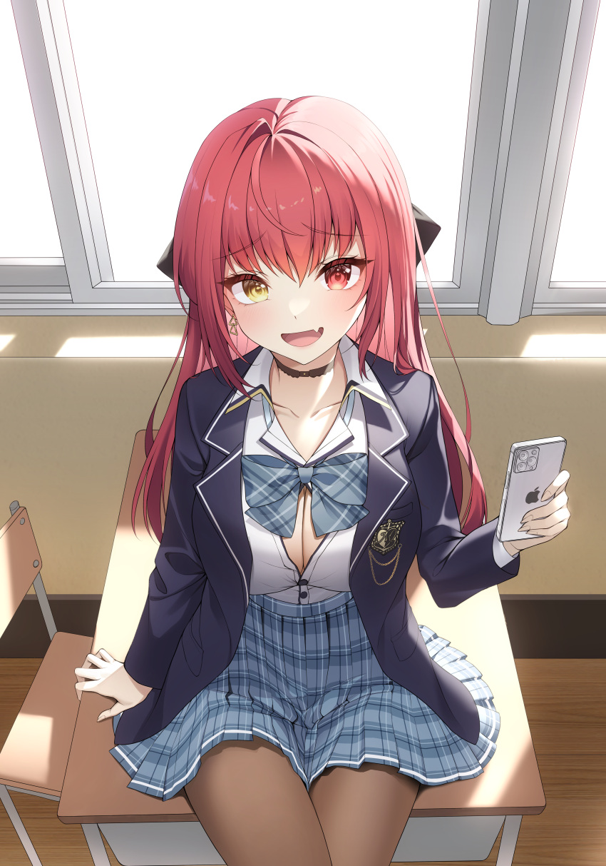 1girl absurdres black_bow black_choker black_pantyhose black_vest blue_skirt bow breasts cellphone choker cleavage collared_shirt desk earrings fang hair_bow heterochromia highres holding holding_phone hololive houshou_marine houshou_marine_(school_uniform) jewelry large_breasts long_hair looking_at_viewer on_desk pantyhose partially_unbuttoned phone red_eyes shirt single_earring sitting sitting_on_desk skin_fang skirt smartphone smile solo triangle_earrings vest virtual_youtuber white_shirt yaho_(a01085748817) yellow_eyes