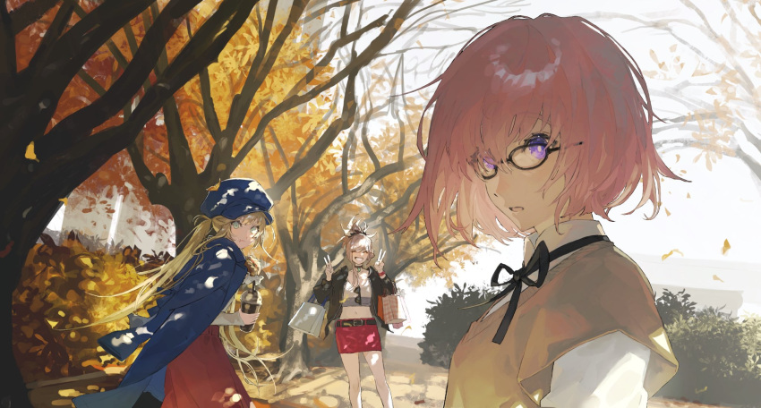 3girls bag belt black-framed_eyewear black_belt black_choker black_ribbon blonde_hair blue_eyes blue_headwear blue_jacket burger bush casual character_request choker cup disposable_cup double_v fate/grand_order fate_(series) food glasses grin highres holding holding_food jacket jacket_on_shoulders long_hair looking_at_viewer low_twintails mash_kyrielight midriff miniskirt miyamoto_musashi_(fate) multiple_girls navel open_mouth outdoors pink_hair purple_eyes red_skirt ribbon shirt shopping_bag short_hair skirt smile standing sunglasses tree twintails uda_(xax_057) v white_shirt