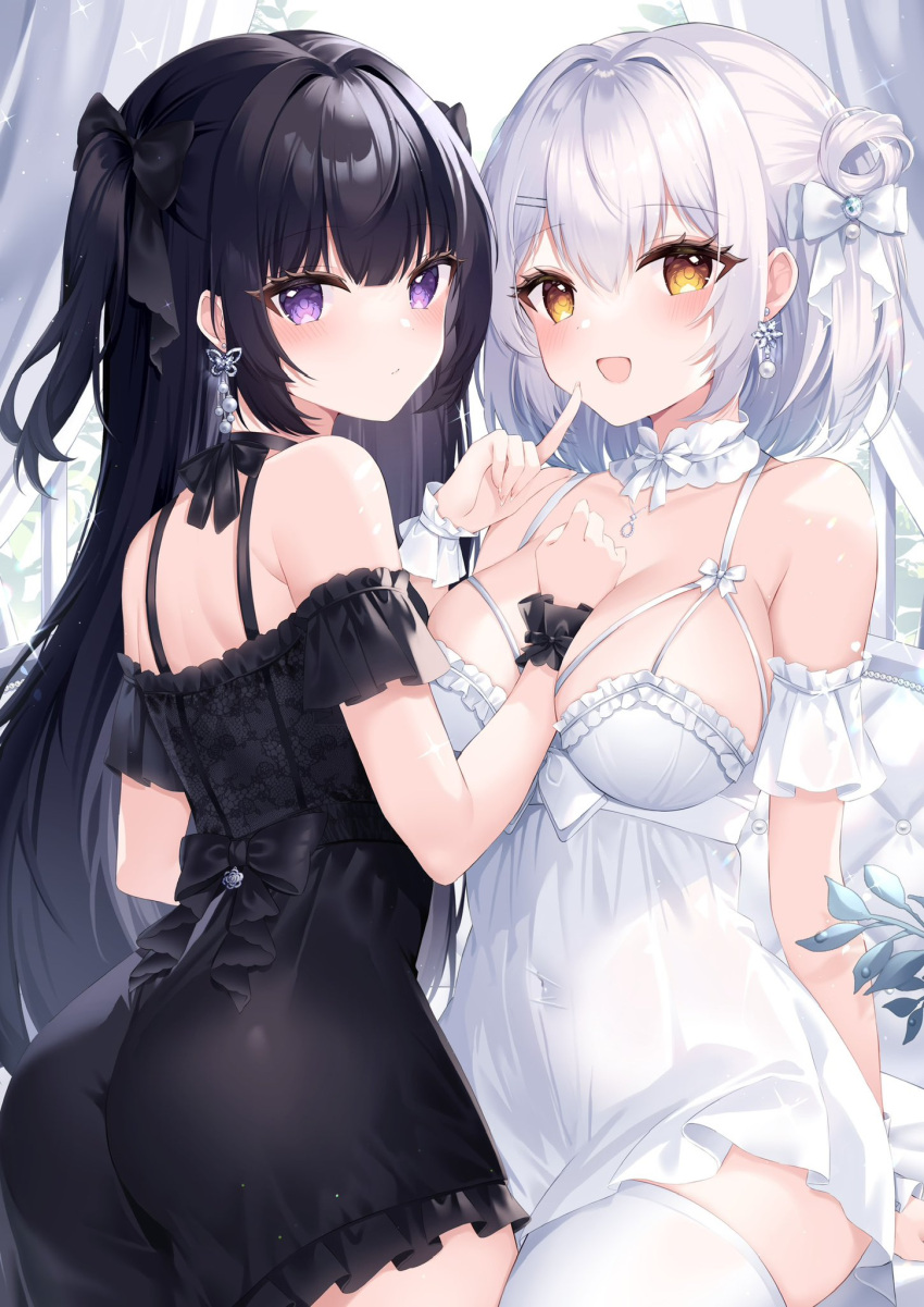 2girls arm_between_breasts arm_support ass bare_shoulders between_breasts black_bow black_dress black_hair black_wrist_cuffs blush bow breasts brown_eyes bubble butterfly_earrings chiaki_hikari closed_mouth commentary_request covered_navel curtains detached_collar diffraction_spikes dress earrings expressionless frilled_dress frills grey_hair hair_between_eyes hair_bow hair_ornament hairclip hand_up highres index_finger_raised indoors jewelry large_breasts long_hair looking_at_viewer looking_back mahou_shoujo_innocent_lily multiple_girls necklace off-shoulder_dress off_shoulder open_mouth plant purple_eyes short_hair sidelocks sitting smile thighhighs two_side_up very_long_hair white_bow white_dress white_thighhighs white_wrist_cuffs wrist_cuffs ymkrnchan