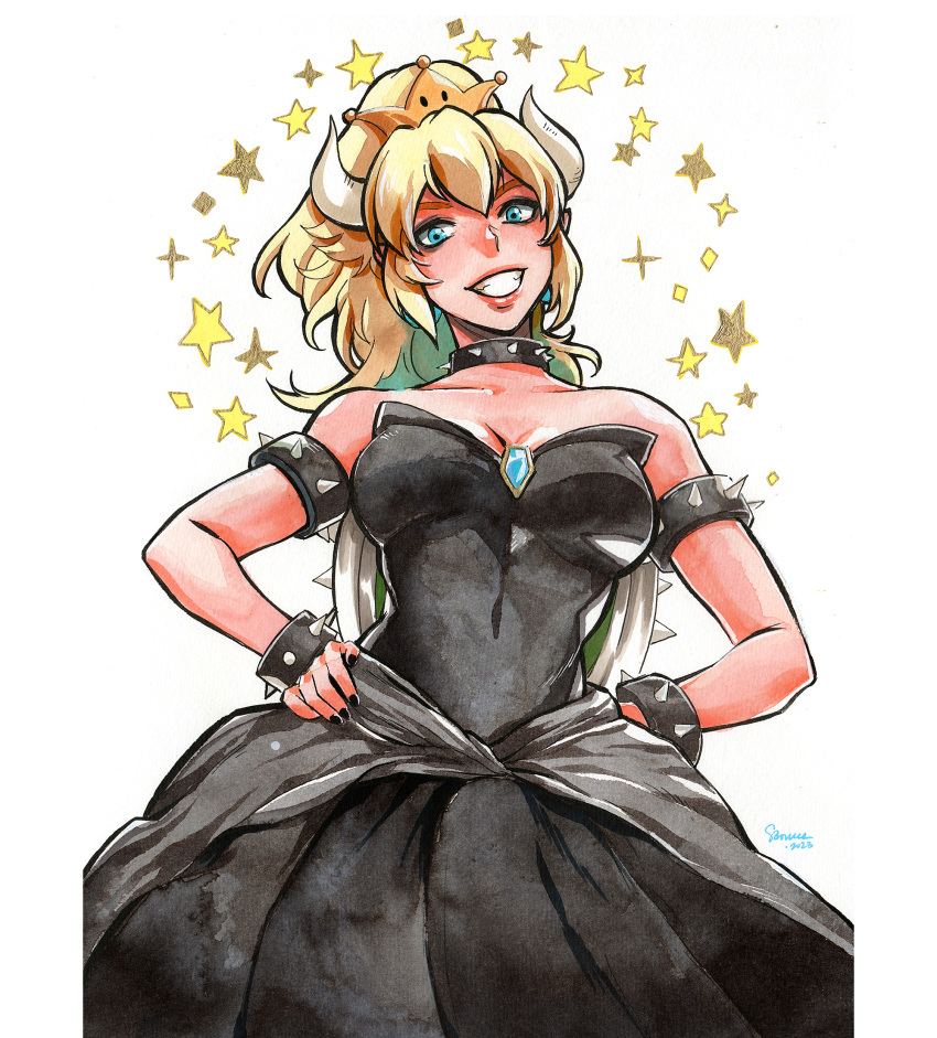 1girl armlet black_dress blonde_hair blue_eyes bowsette bracelet collar crown dress highres jewelry long_hair looking_at_viewer mario_(series) ponytail sao_(saowee) sharp_teeth smile solo spiked_armlet spiked_bracelet spiked_collar spiked_shell spikes strapless strapless_dress super_crown teeth traditional_media turtle_shell