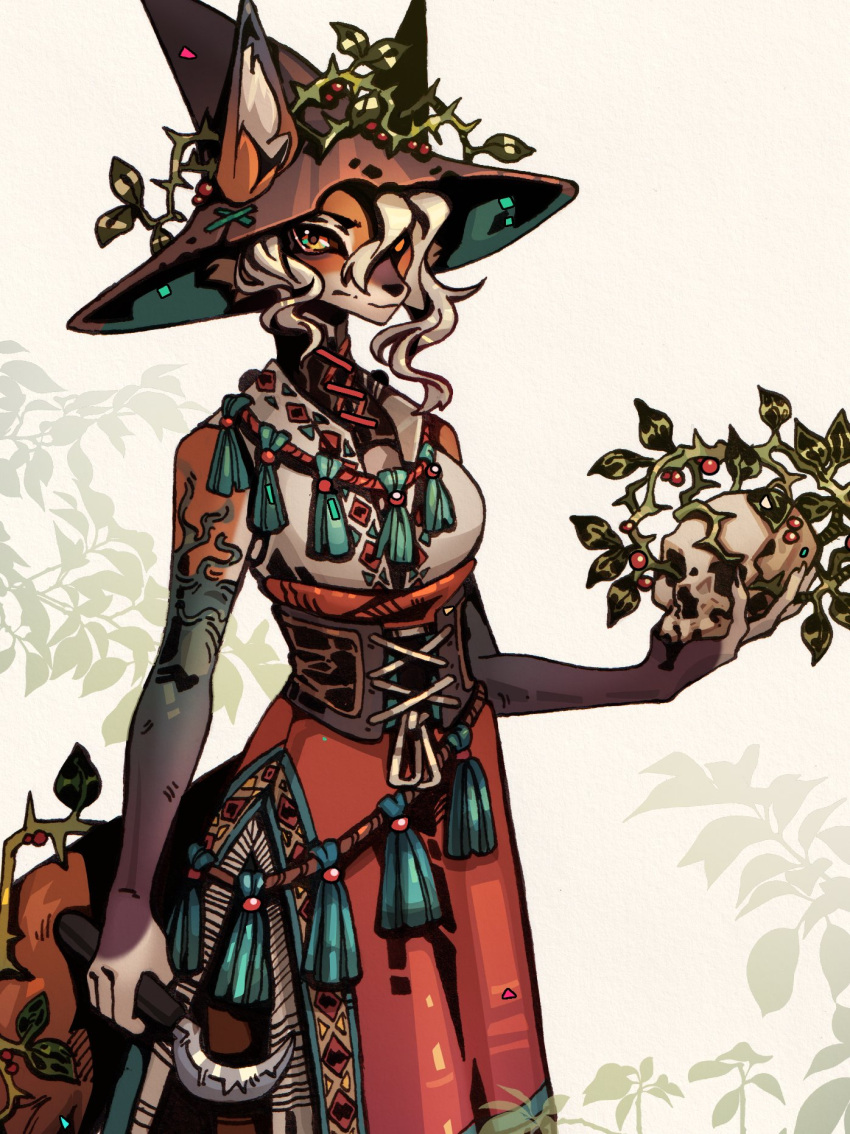 berry bone canid canine cerbera clothing female food fox fruit hat headgear headwear hi_res holding_object holding_sickle holding_skull magic_user mammal plant sickle skull solo witch witch_costume witch_hat